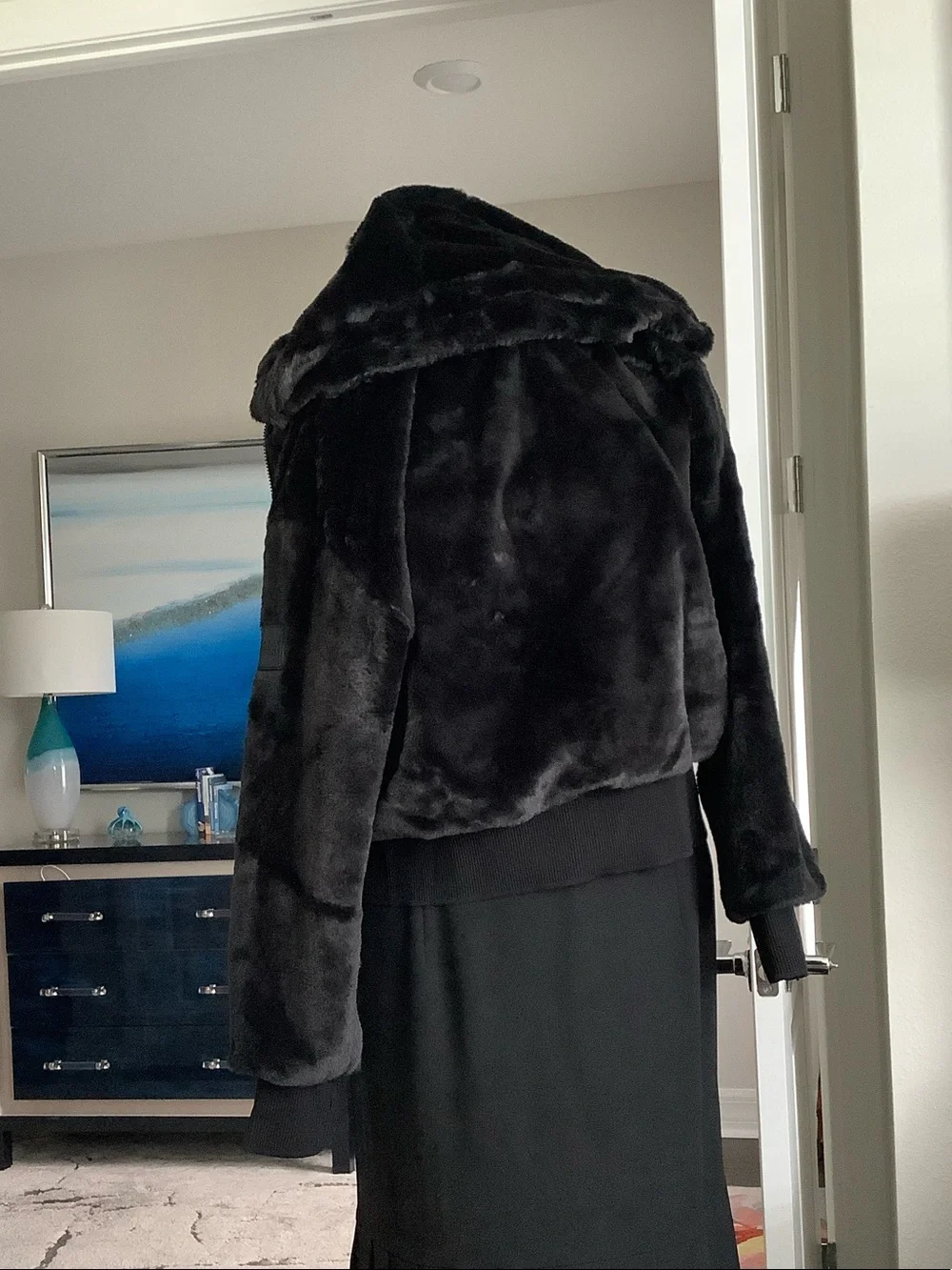 DKNYC Black Plush Faux Fur Bomber Jacket